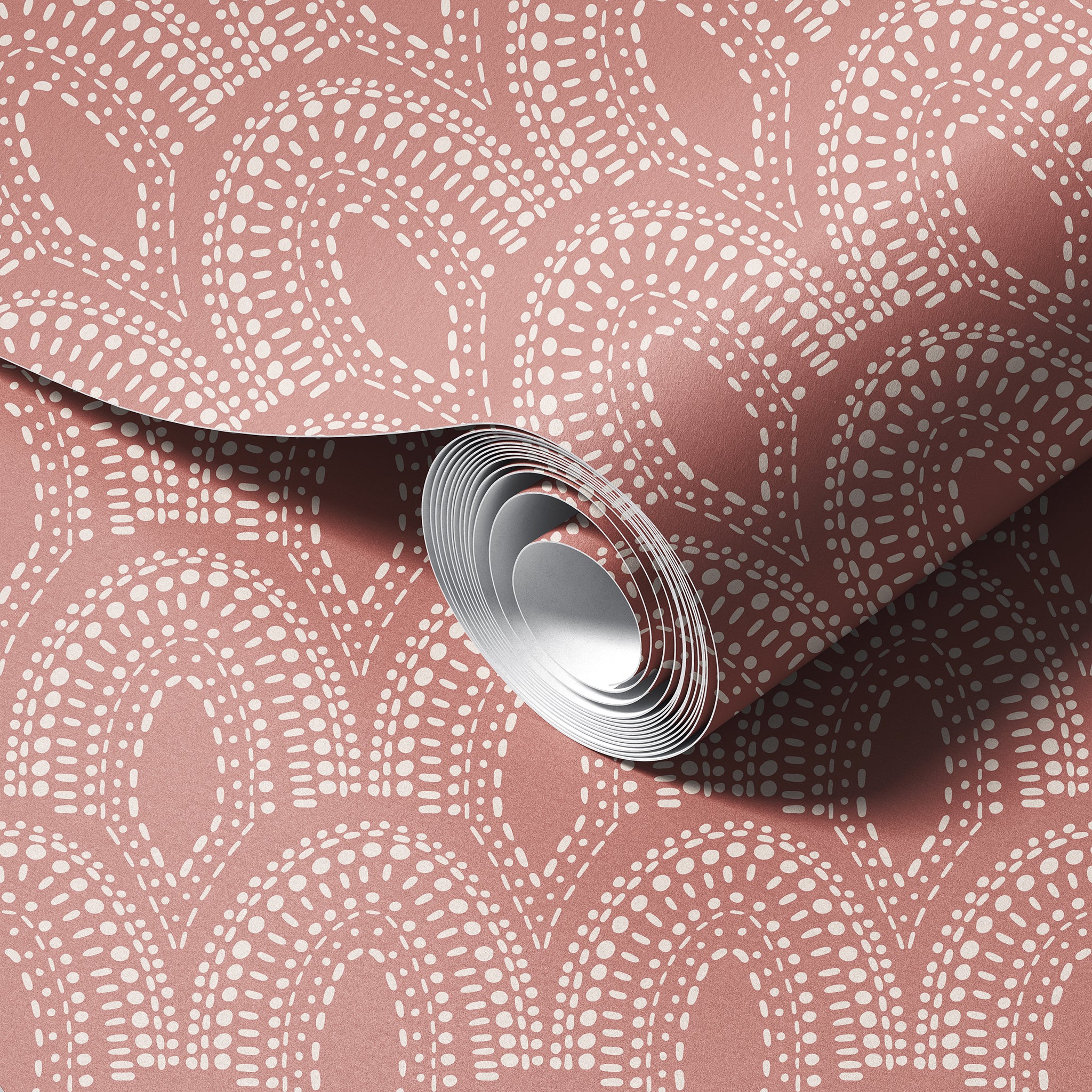 Bohemian Scallops Pink peel and stick wallpaper room mockup